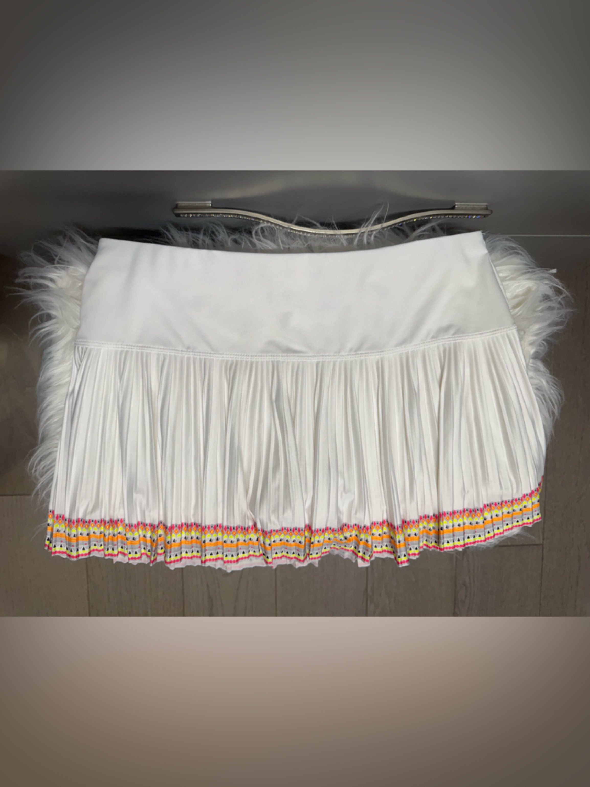 Lucky In Love White Pleated Mini Skirt With Pink, Yellow & Orange Trim